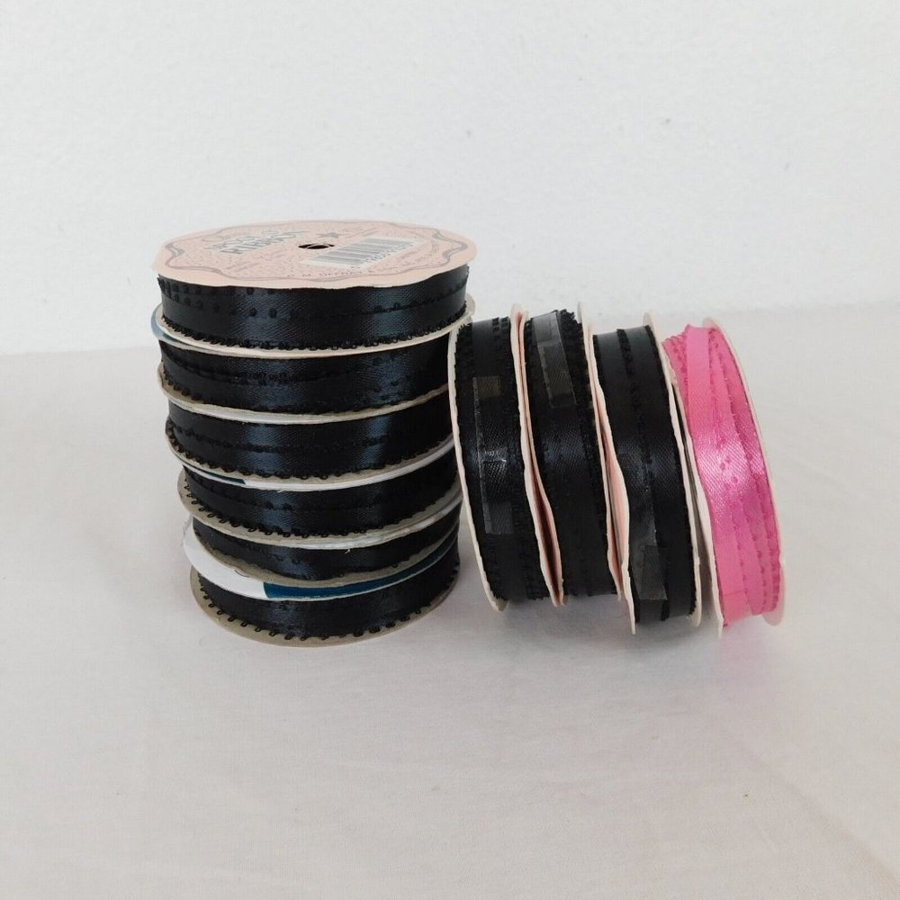 Lot of 10 Rolls Offray Spool O Ribbon 3/16" x 6 Yards Each 9 Black 1 Pink Picot
